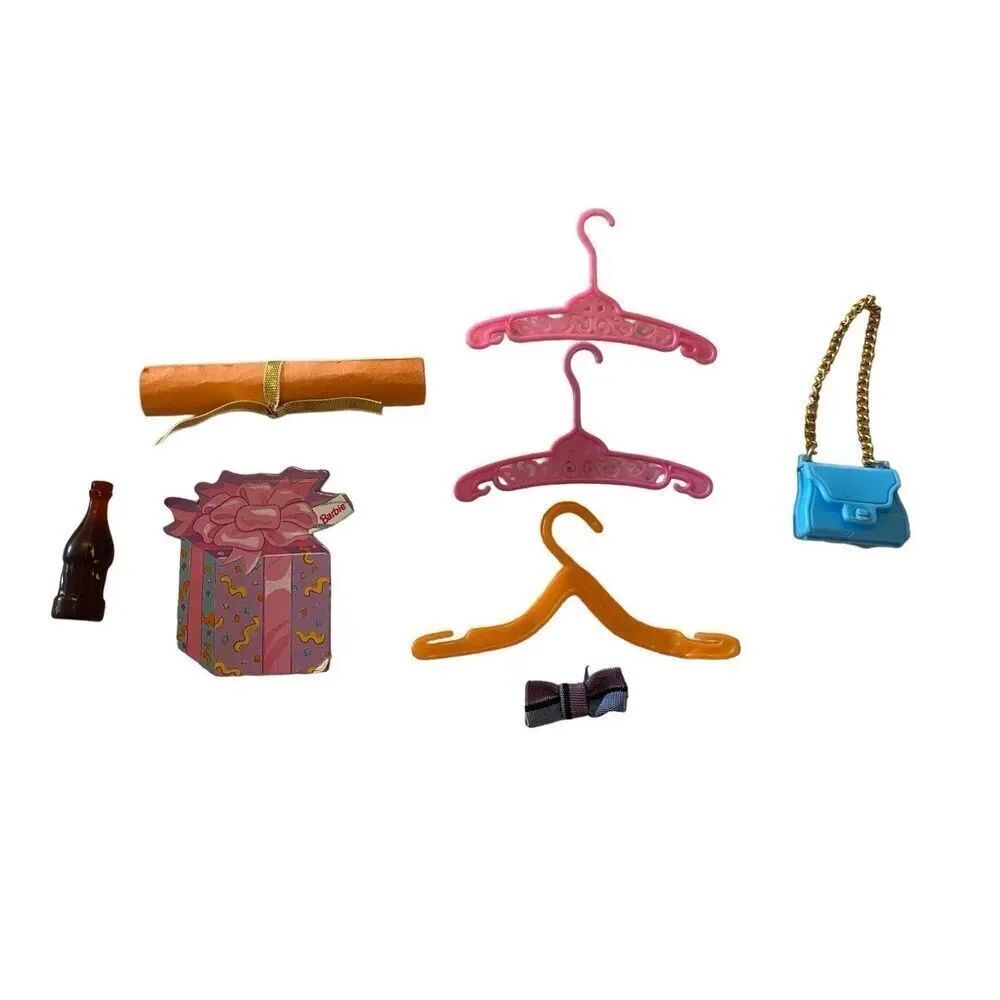 Lot Of 7 Barbie Mattel Accessories Faux Coke Bottle Hangers Purse Gift